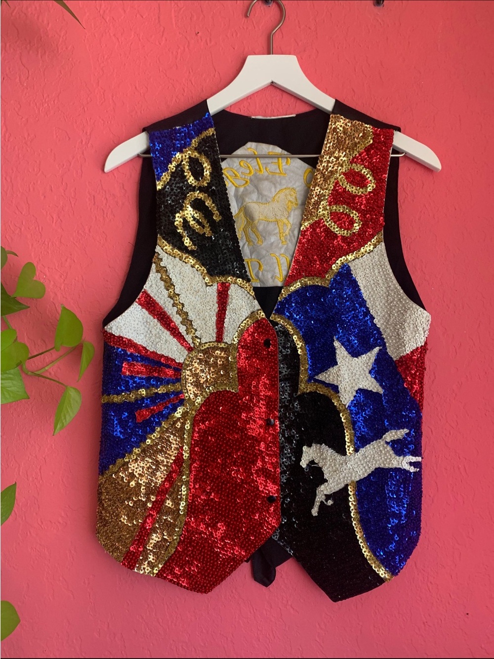 Sequin Statement Vest in Red, Blue & Gold - Women's Sleeveless Top - Size M/L